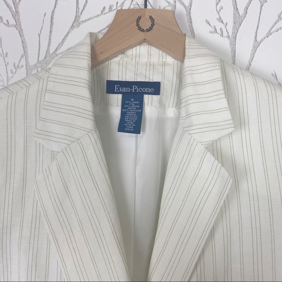 EVAN-PICONE Linen Blend Green Cream Stripe Blazer 1-button Closure 12 - Picture 3 of 11